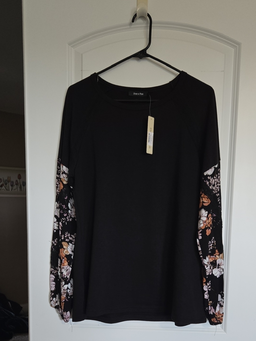 Doe & Rae Black Pullover with Floral Print Sleeves